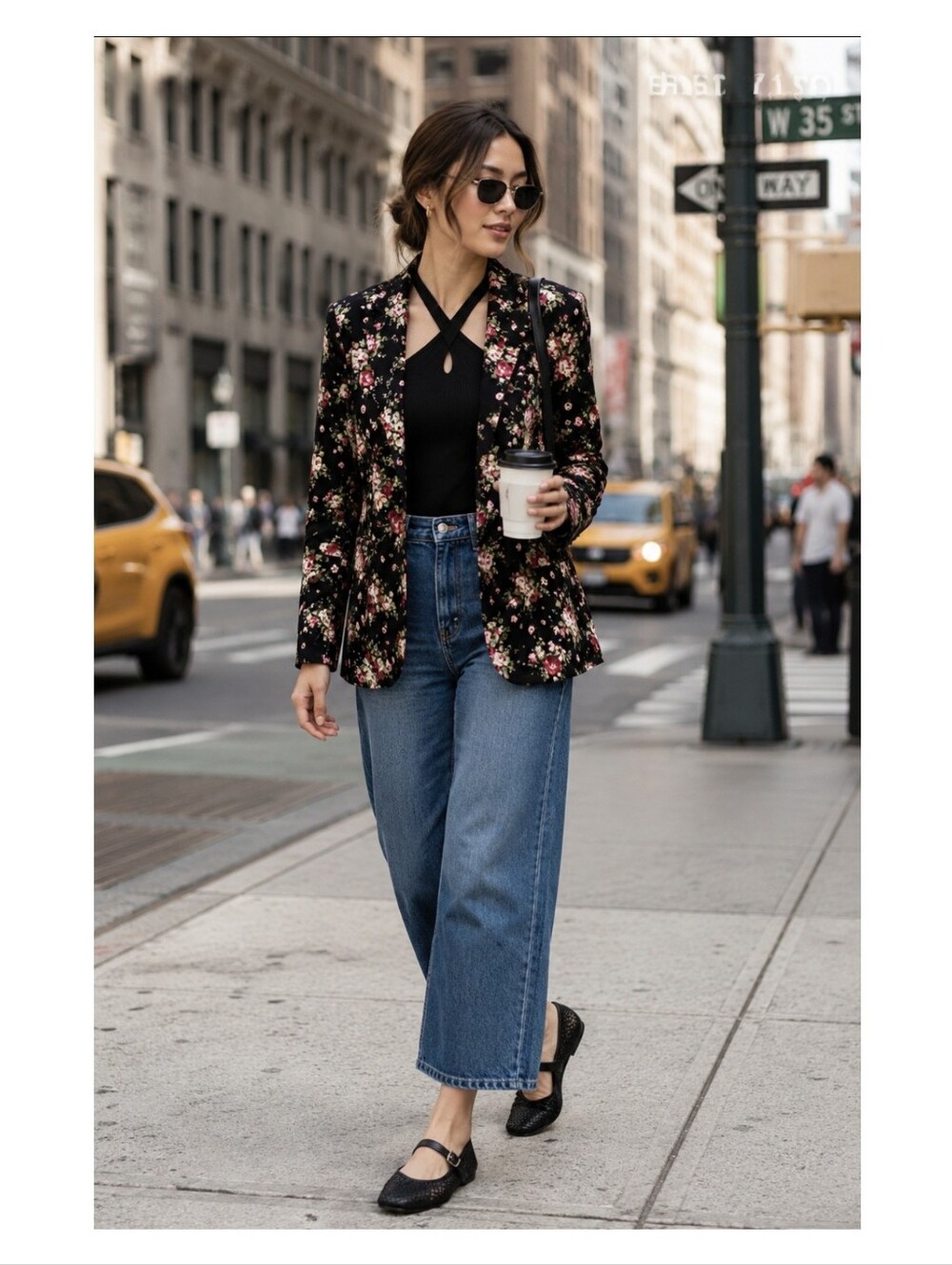 Mymstorm Floral Women M/L Linen Blazer Black Pink Roses Lightweight Whimsical
